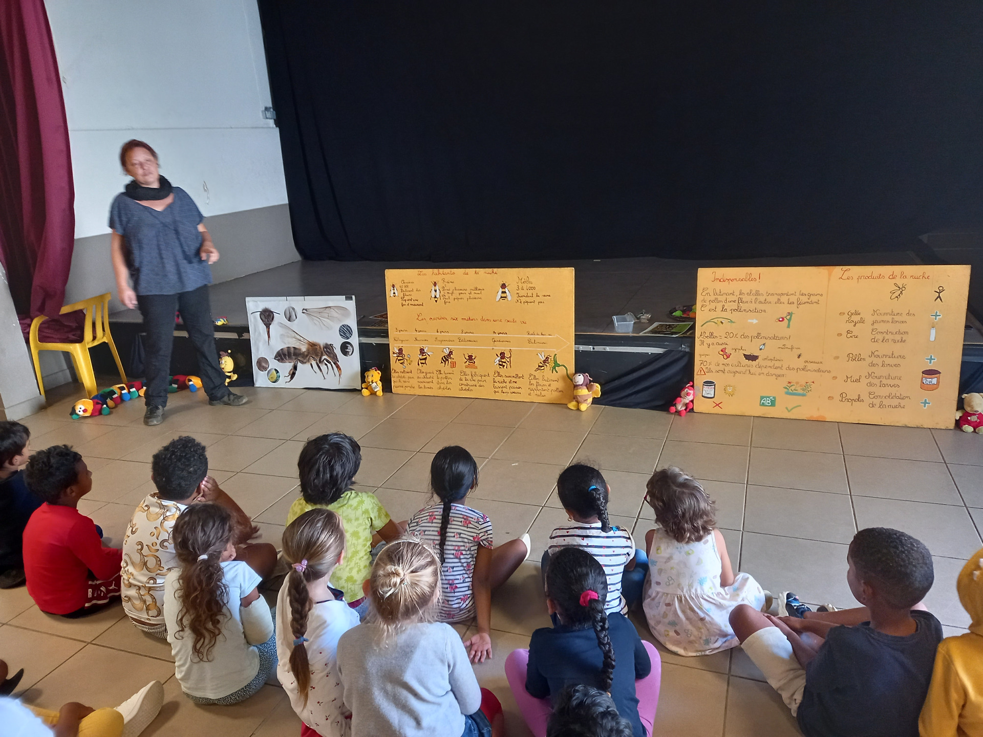 Après tout un travail en classe sur les insectes, Dorothée Ninotta est intervenue pour nous parler du role des abeilles dans la pollinisation 