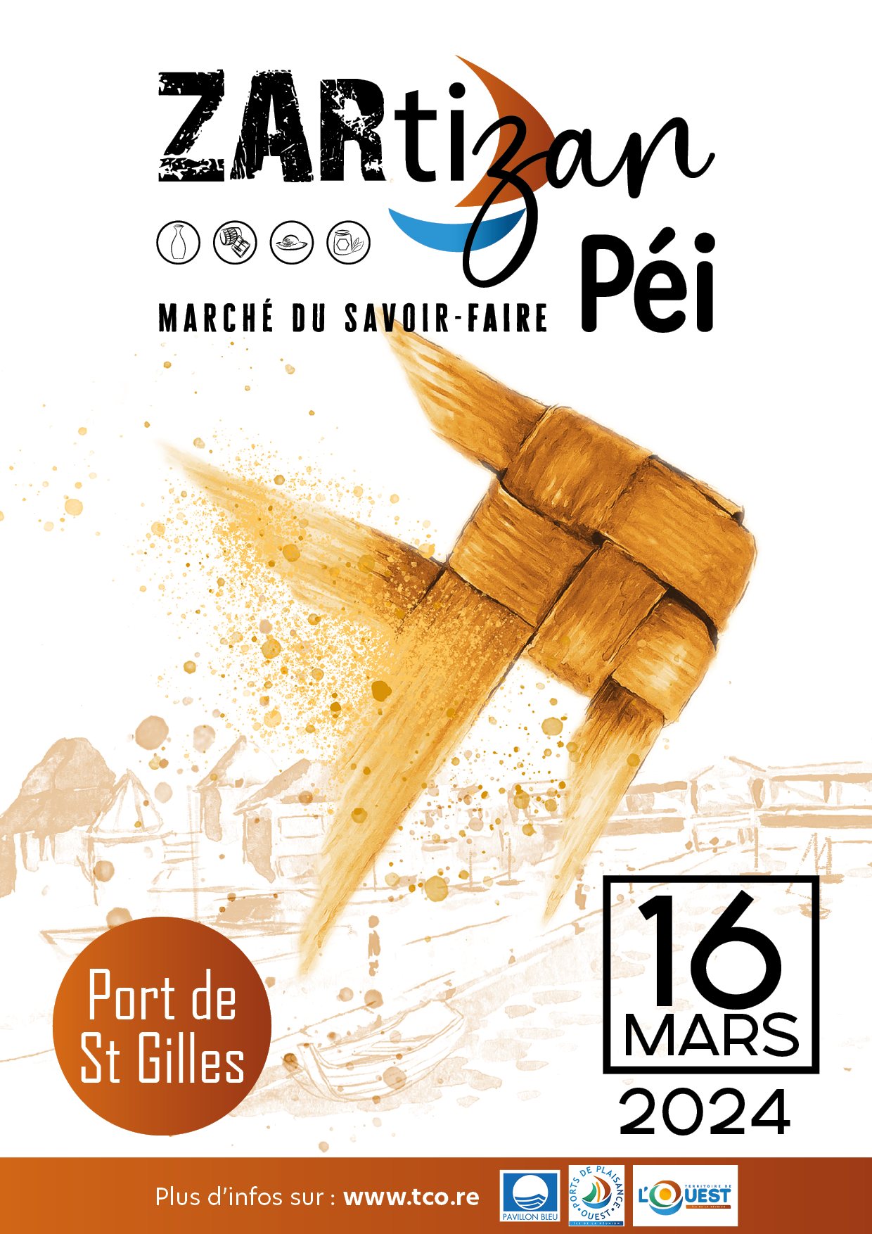 Affiche de promotion du marché "Zartizan péi" du 16 mars 2024 au port de Saint-Gilles