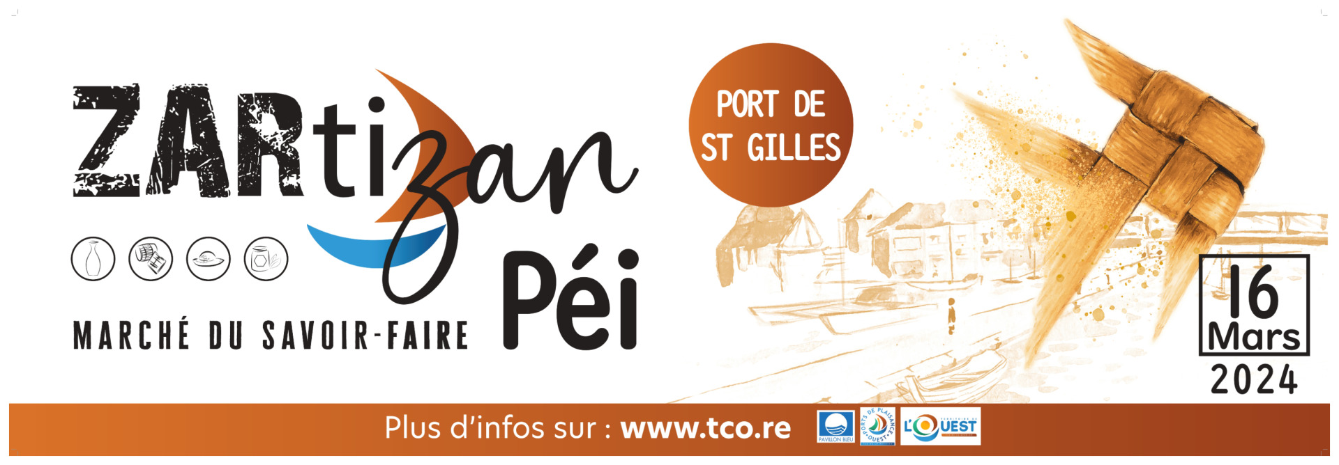 Bandeau de promotion du marché "Zartizan péi" du 16 mars 2024 au port de Saint-Gilles